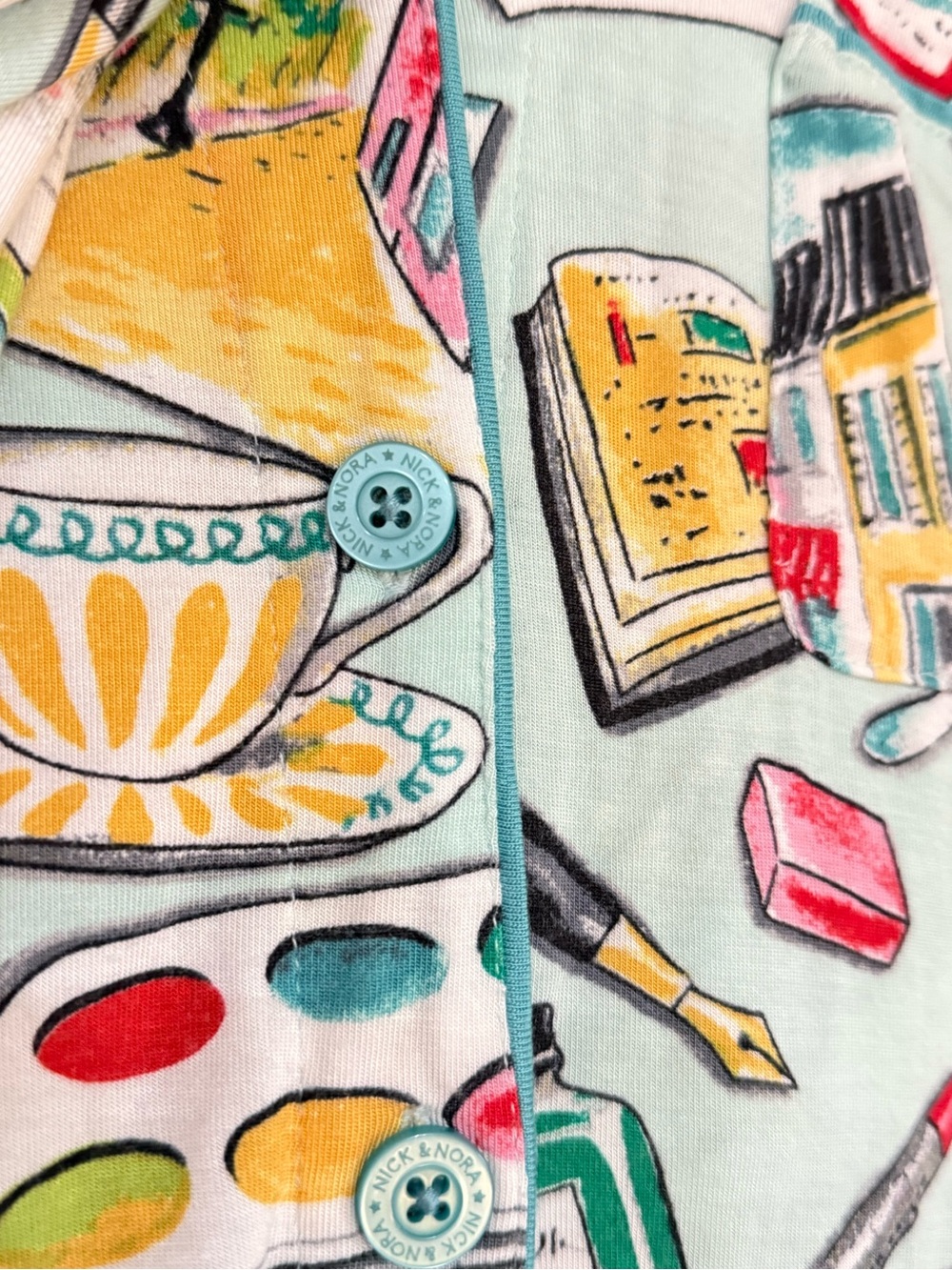 Nick & Nora Novelty Print Pajama Set Size Medium Aqua Lounge Sleepwear - Picture 4 of 6